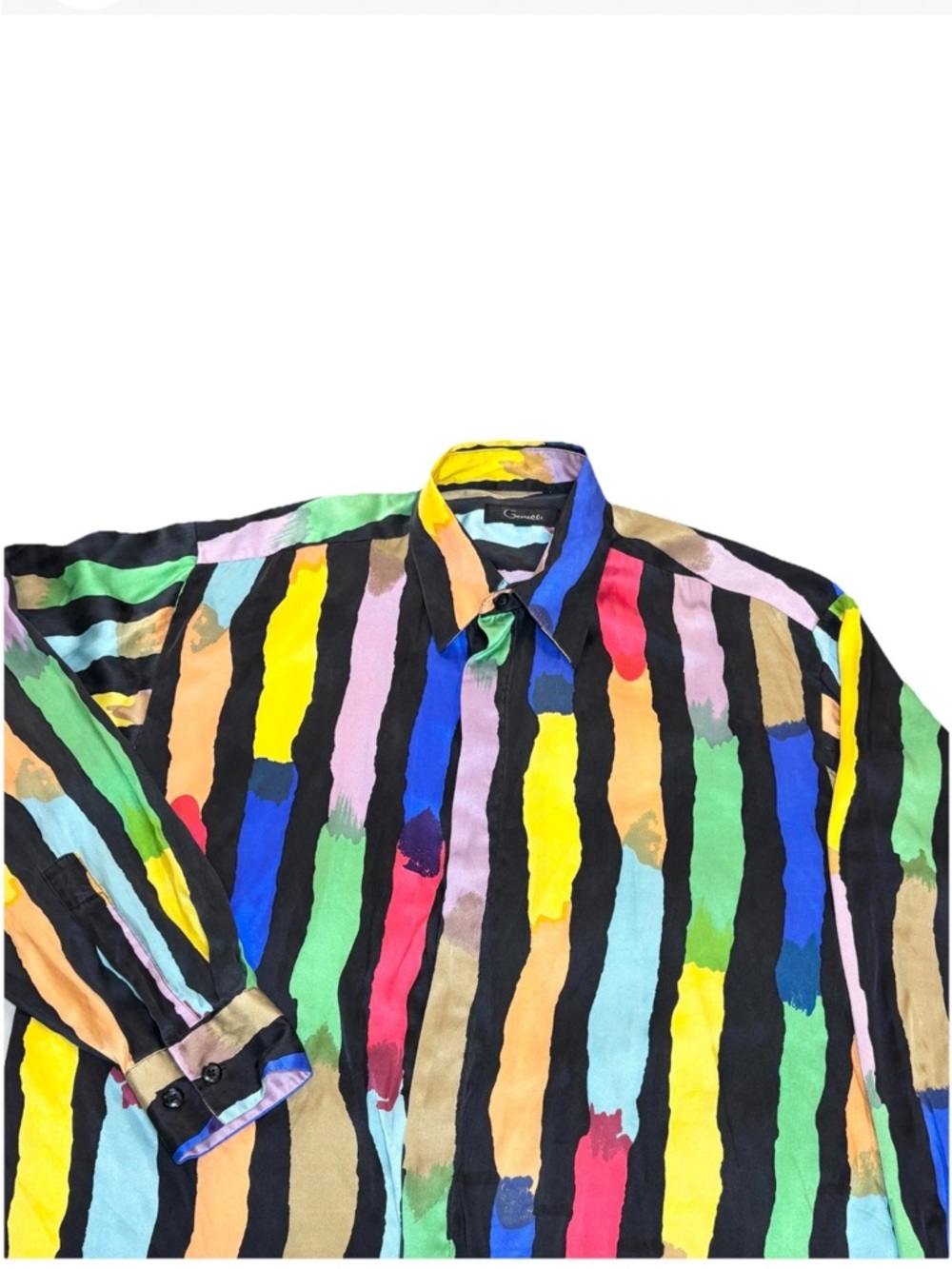 Vintage 90s Genelli Silk Shirt Men’s Medium Paint Brush Print Rainbow